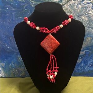 Coral and pearl beaded continuous Necklace 17-1/2” long New